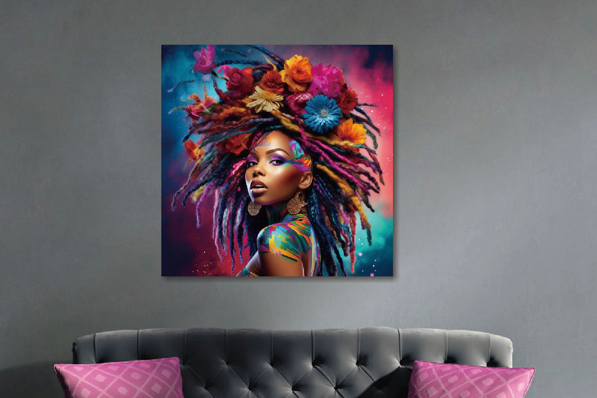 Glasbild «Frau mit bunt gefärbten Haaren» 80 × 80 cm – Ansicht 2