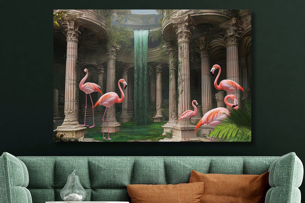 Glasbild «Flamingos in Ruinen» 120 × 80 cm – Ansicht 2