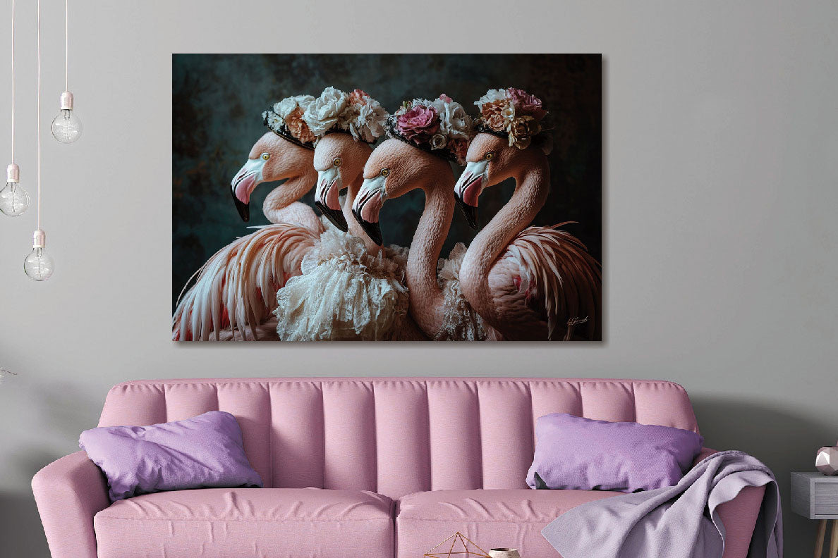 Glasbild «Flamingos mit Blumenhüten» 120 × 80 cm – Ansicht 2