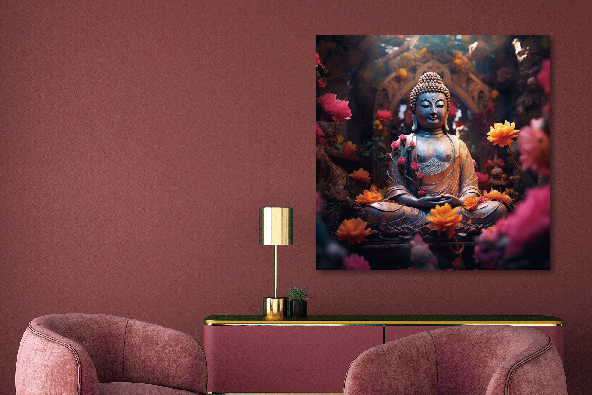 Glasbild «Buddha mit pinken Blumen» 80 × 80 cm – Ansicht 2