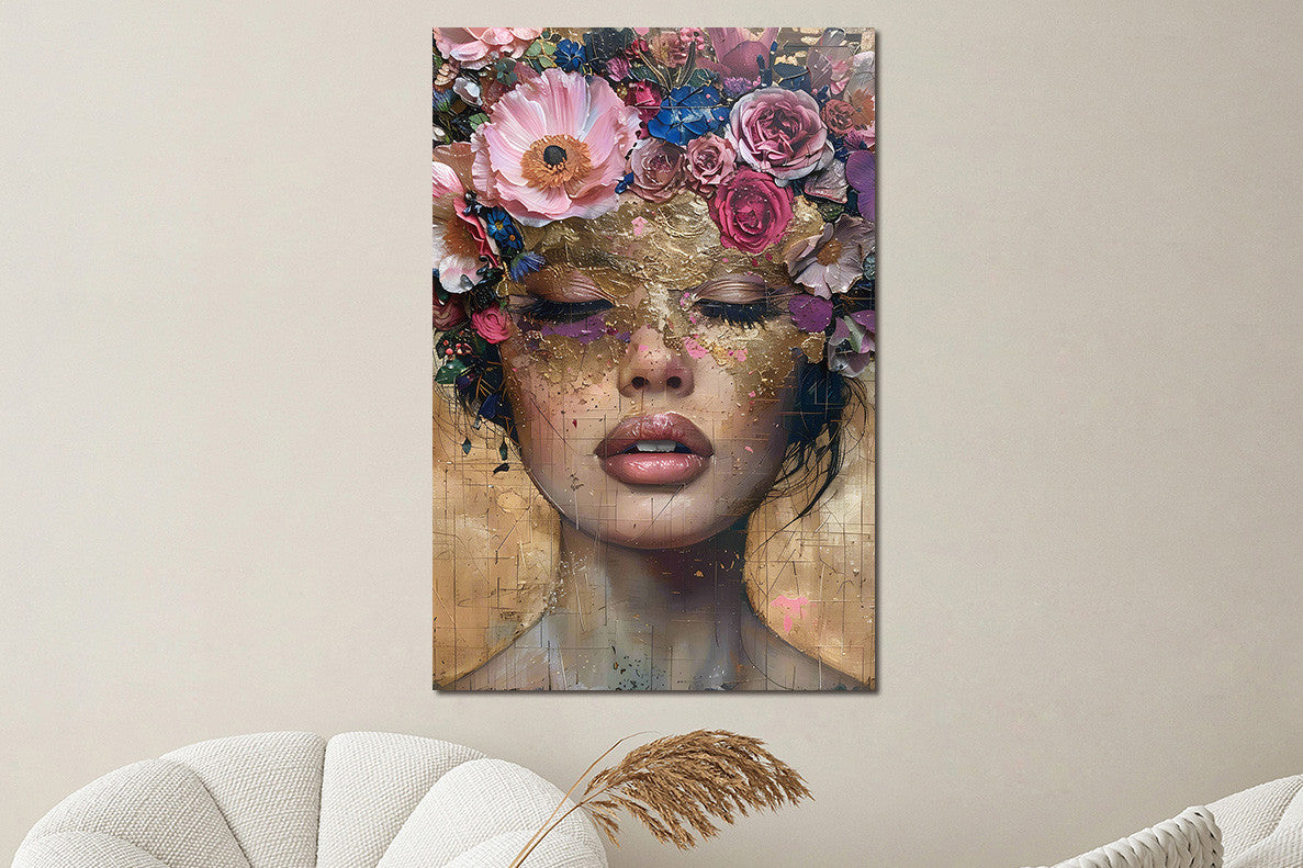 Glasbild 80x120cm Make-up Frau mit Blumenkopfschmuck