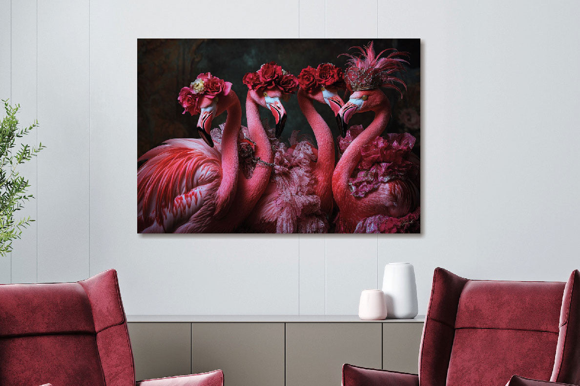 Glasbild «Flamingos mit Blumenkrone» 160 × 110 cm – Ansicht 2