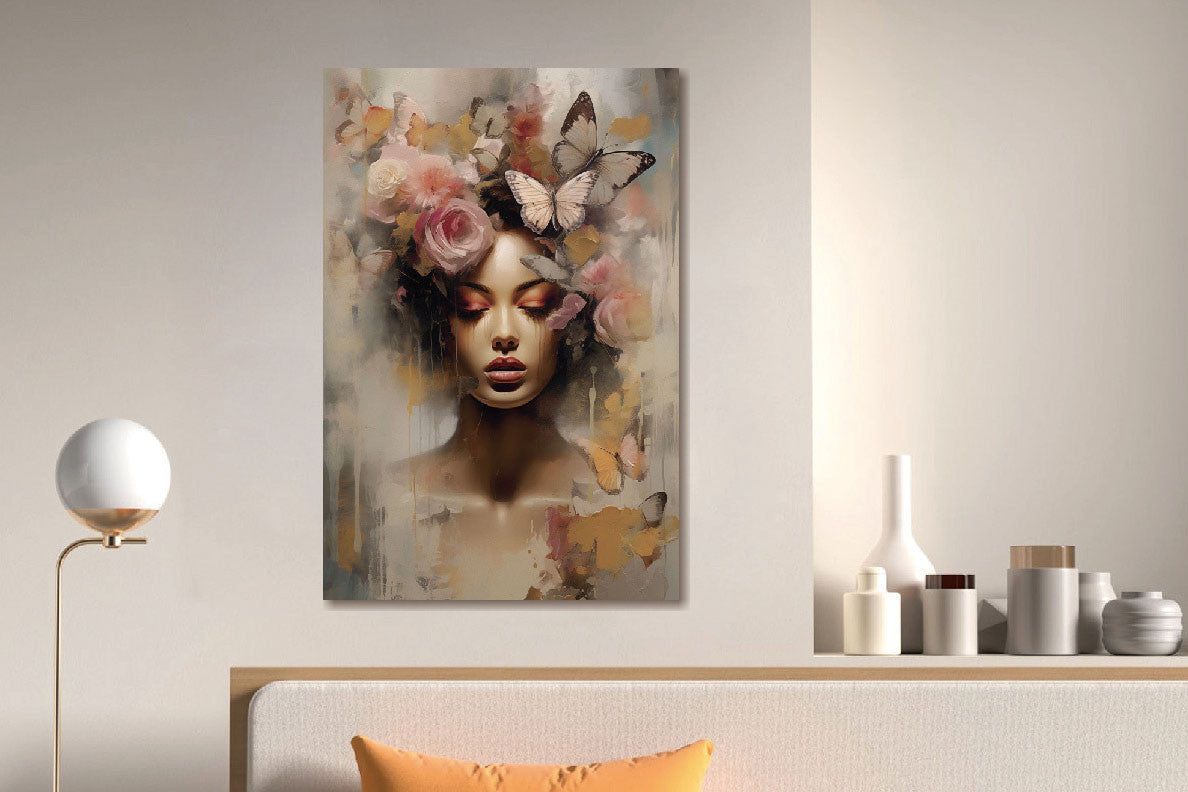 Glasbild «Frau mit Schmetterlingen und Blumen» 80 × 120 cm – Ansicht 2