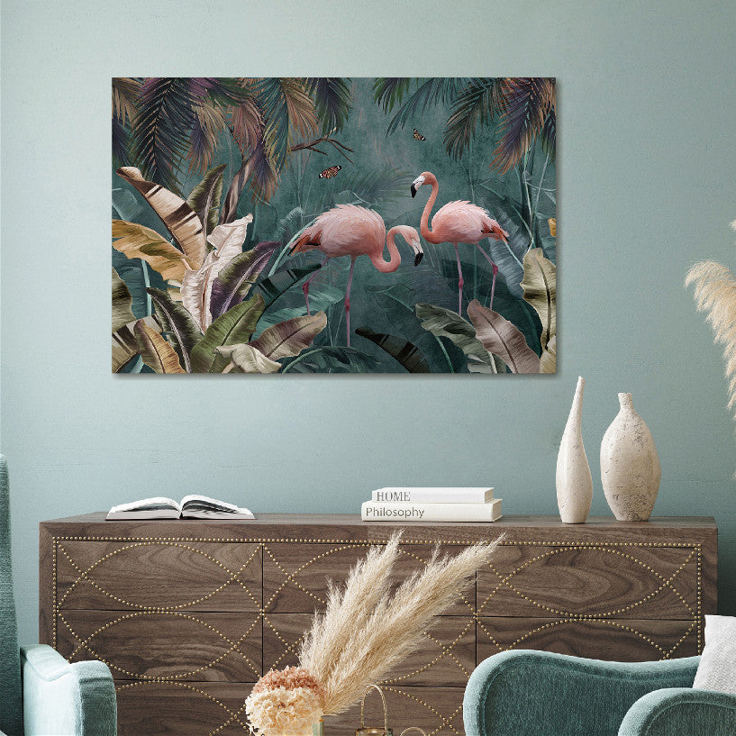 Glasbild «Flamingos im Wald» 120 × 80 cm – Ansicht 2