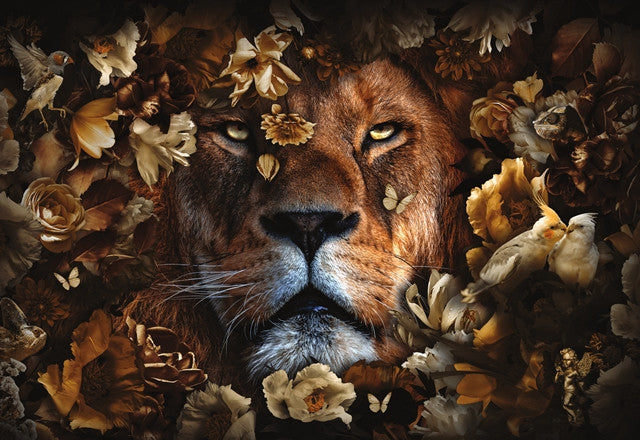 Glasbild «Löwe mit Blumen» 160 × 110 cm