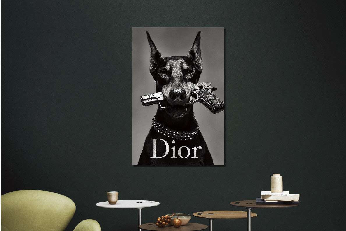 Glasbild «Hund mit Gewehr» 80 × 120 cm – Ansicht 2