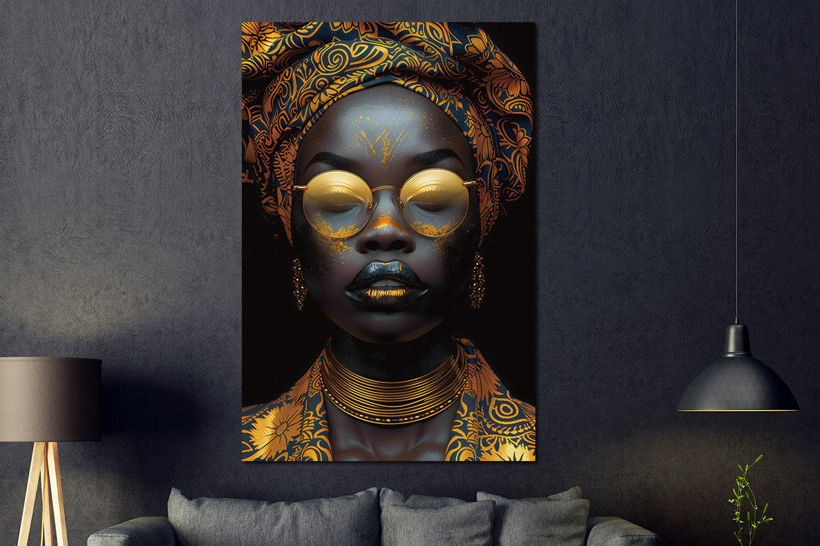 Glasbild «Frau mit goldener Brille und Kleidung» 80 × 120 cm – Ansicht 2