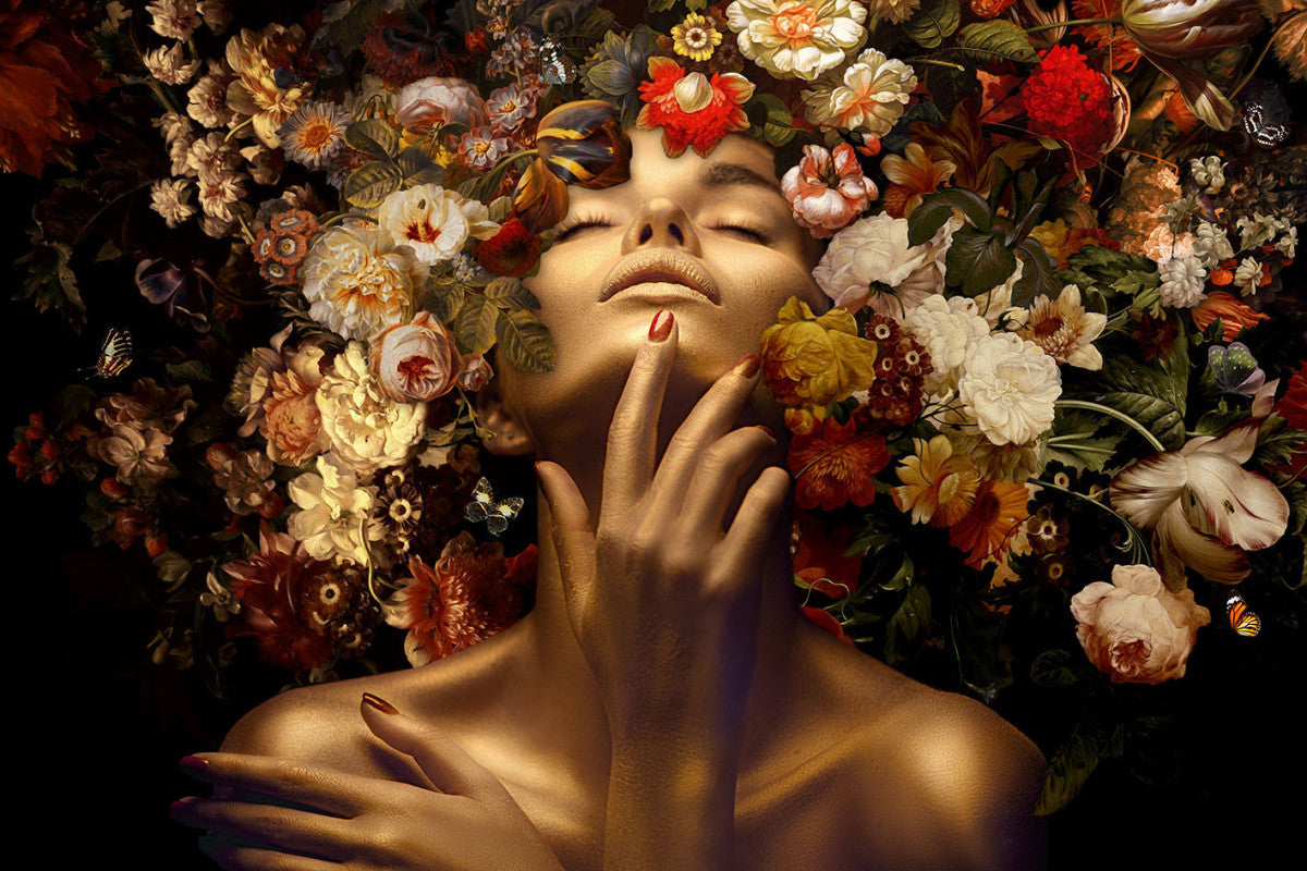 Glasbild «Dame mit Blumen» 120 × 80 cm