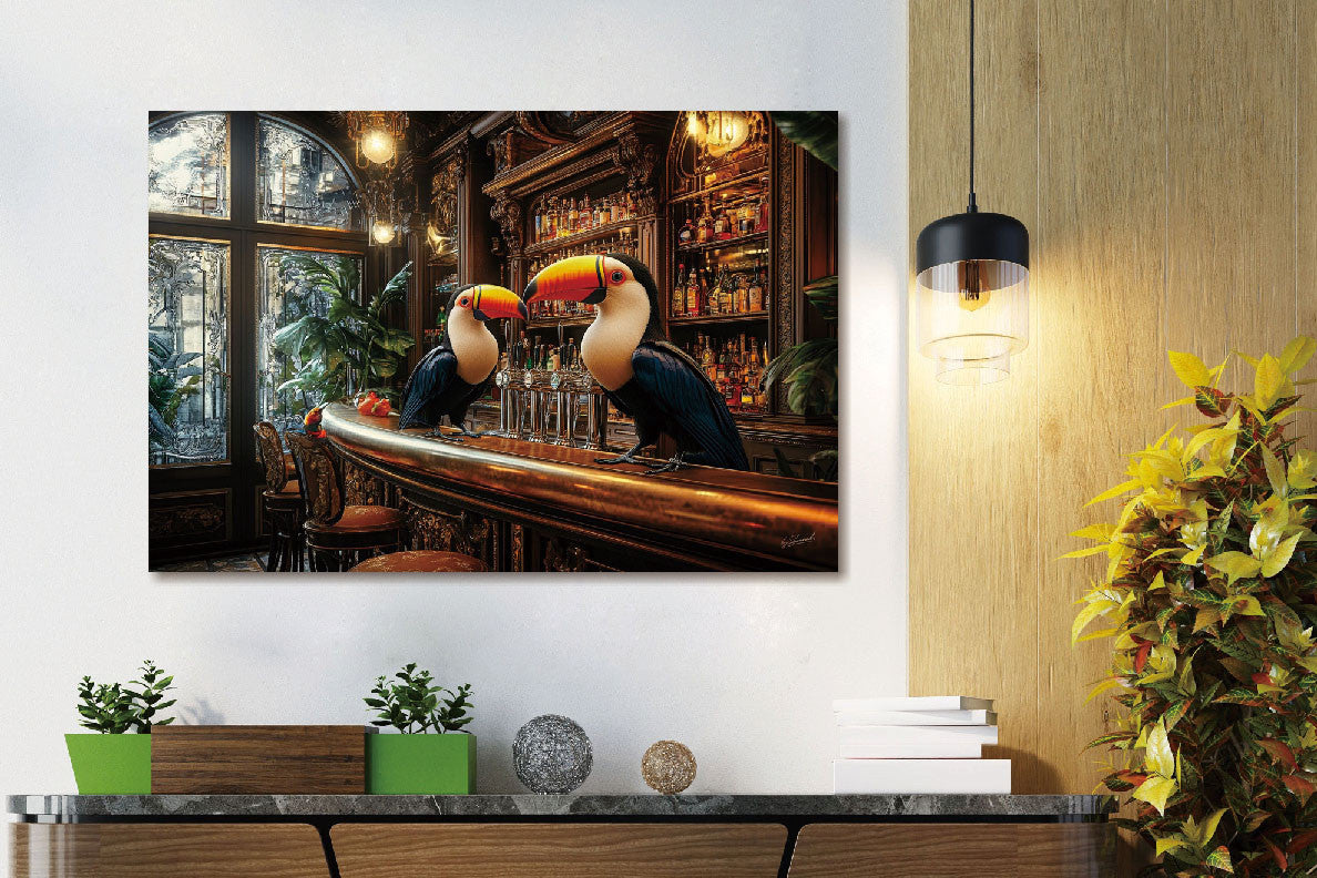 Glasbild «Tukane an der Bar» 120 × 80 cm – Ansicht 2
