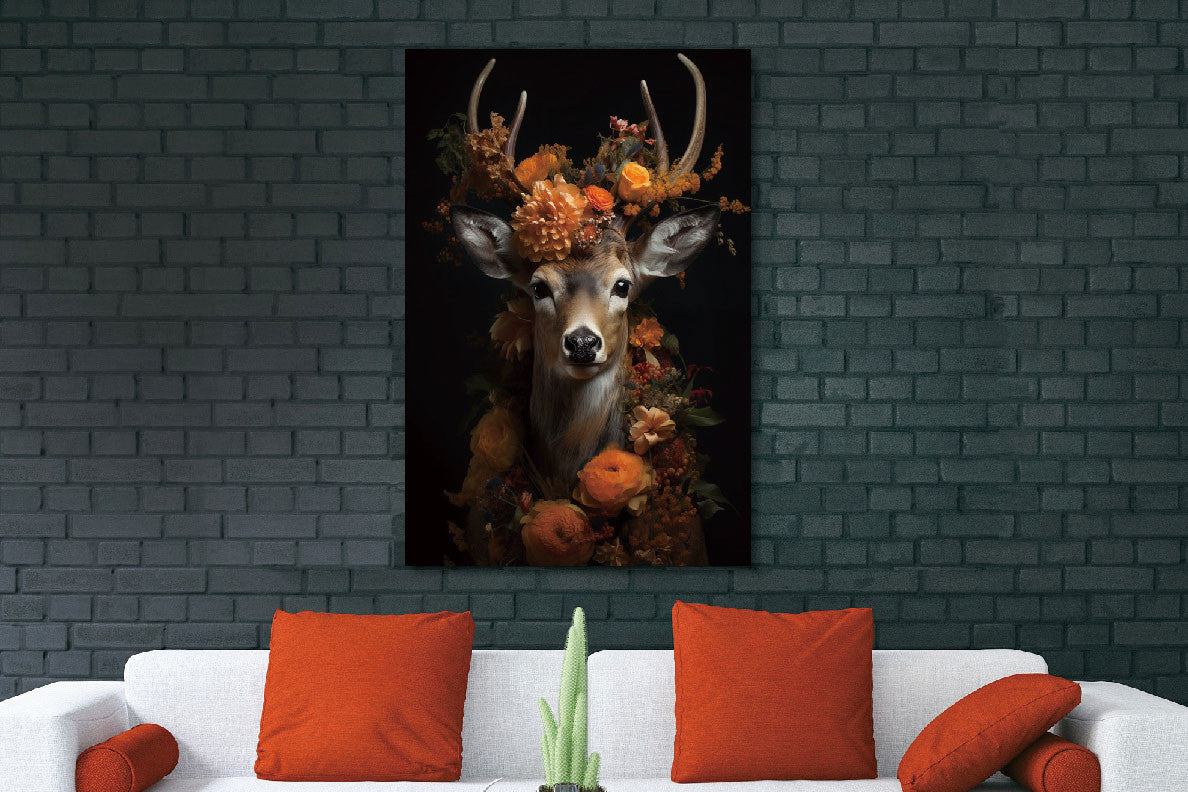 Glasbild «Hirsch mit orangefarbenen Blumen» 80 × 120 cm – Ansicht 2