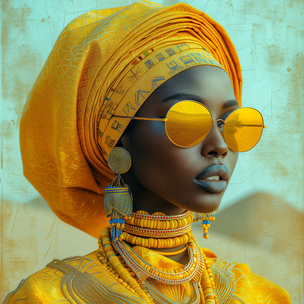 Glasbild «Frau gelb/gold» 120 × 120 cm – 3D-Effekt