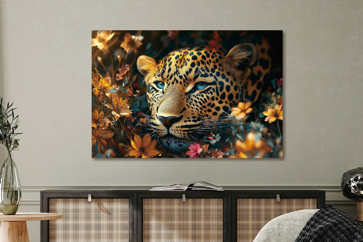 Glasbild «Panther zwischen Blumen» 80 × 120 cm – Ansicht 2