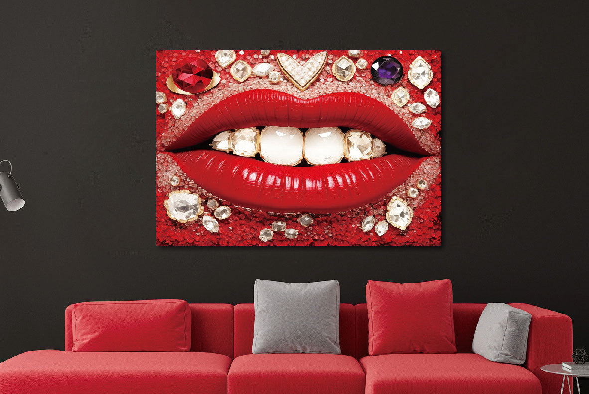 Glasbild «Mund mit Diamanten» 160 × 110 cm – 3D-Relief – Ansicht 2