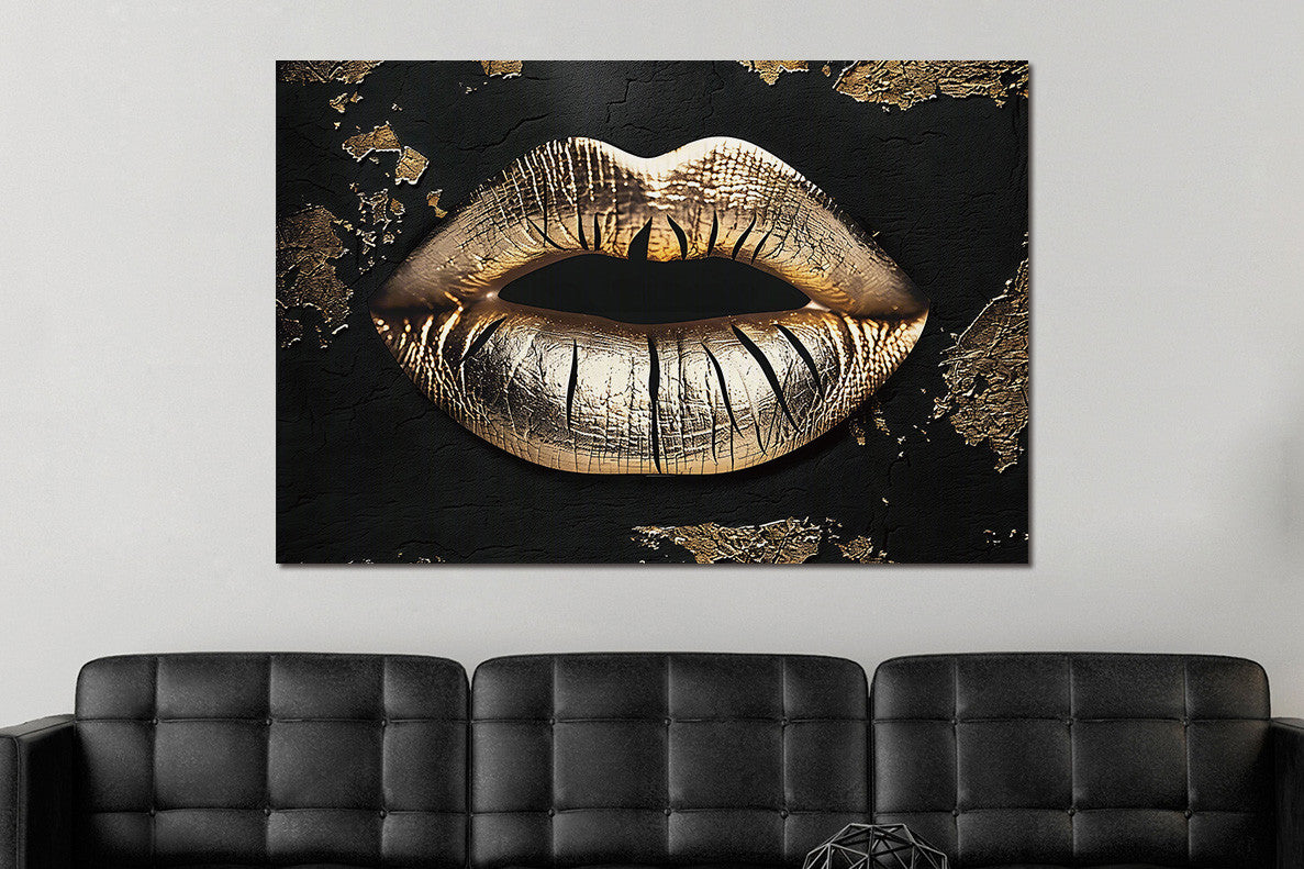 Glasbild «Goldene Lippen» 120 × 80 cm (Art. GLAS080120-1087) – Ansicht 2