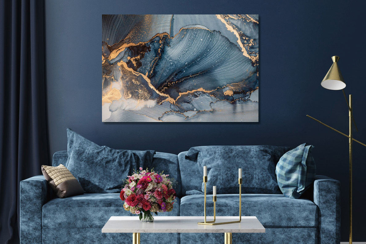 Glasbild «Kunst blau/gold» 160 × 110 cm – 3D-Relief – Ansicht 2