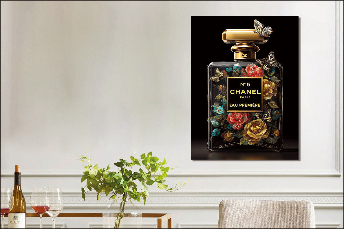 Glasbild «Parfümflasche mit goldenen Rosen» 60 × 80 cm – Goldfolie – Ansicht 2