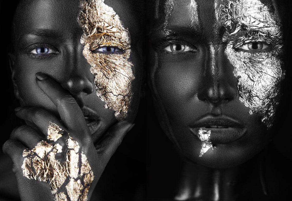 Glasbild «Gesichter mit Schwarz/Gold/Silber» 160 × 110 cm