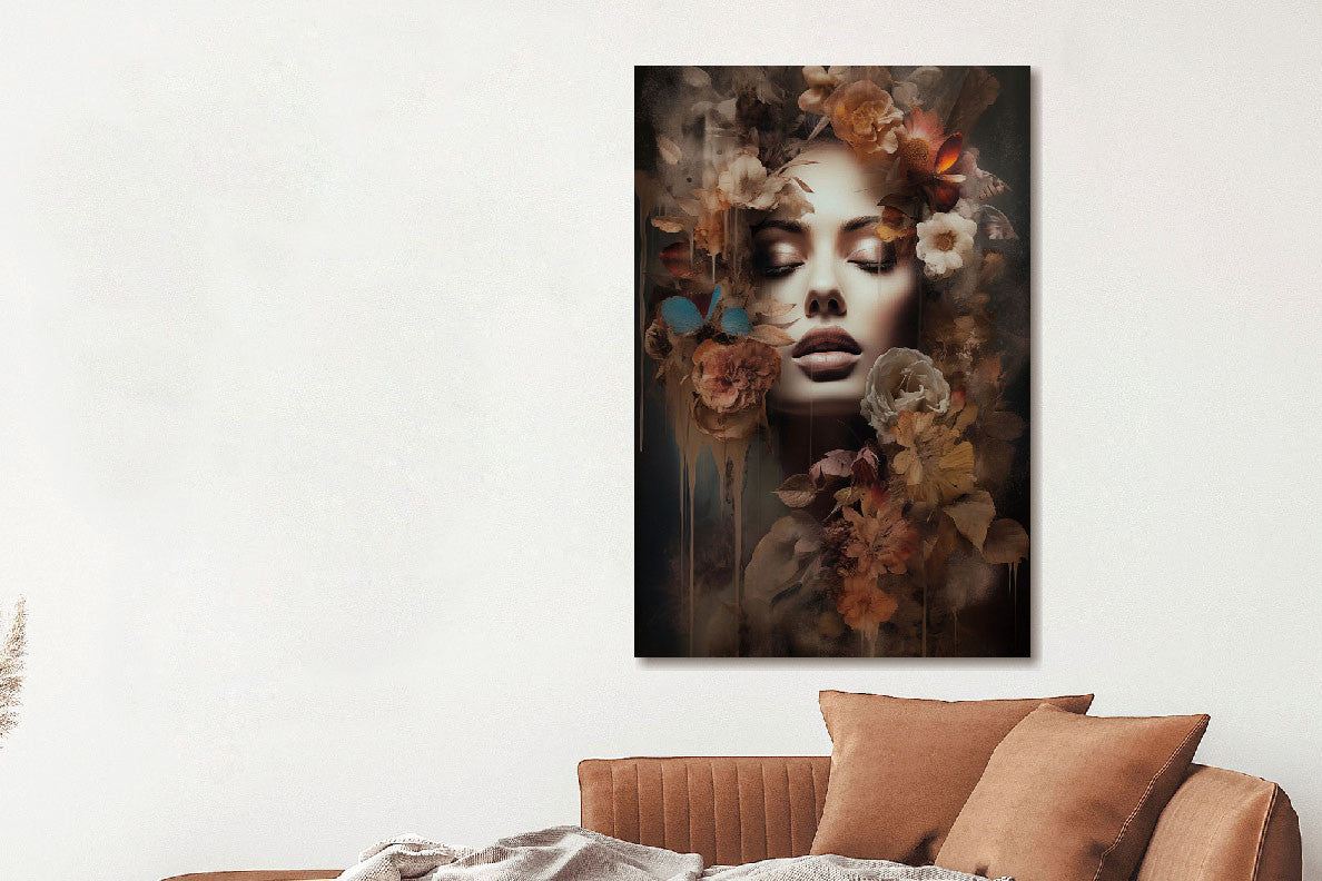 Glasbild «Frau mit Blumen und Schmetterling» 80 × 120 cm – Ansicht 2