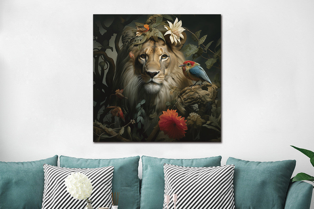 Glasbild 80x80cm Löwe inmitten von Pflanzen