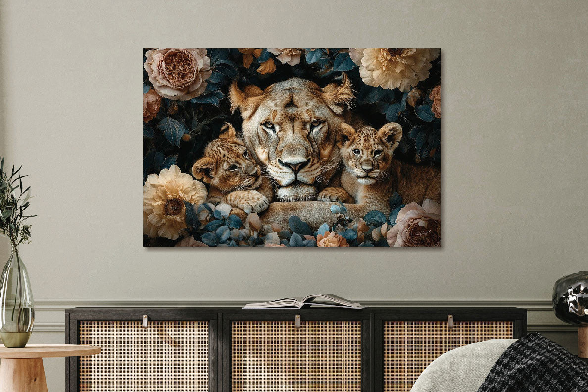 Glasbild «Liegende Tiger zwischen den Blumen» 120 × 80 cm – Ansicht 2