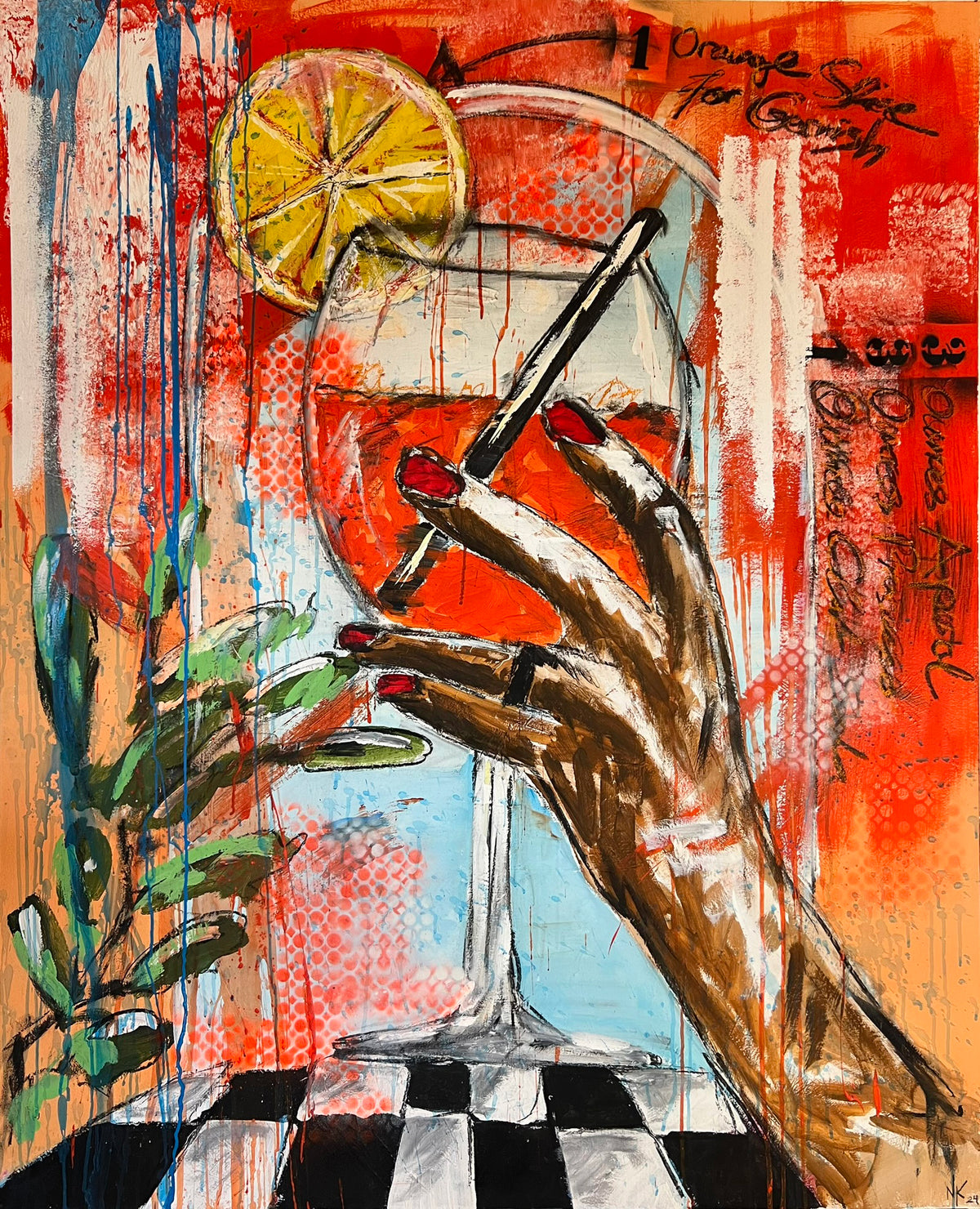 Aperol, Originalbild von Noah Kaufmann: Hand mit Glas Aperol Spritz und Orangenscheibe