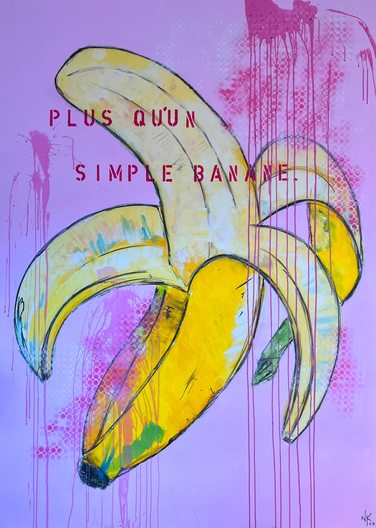 Banane, Originalbild von Noah Kaufmann: geschälte Banane auf lila Hintergrund