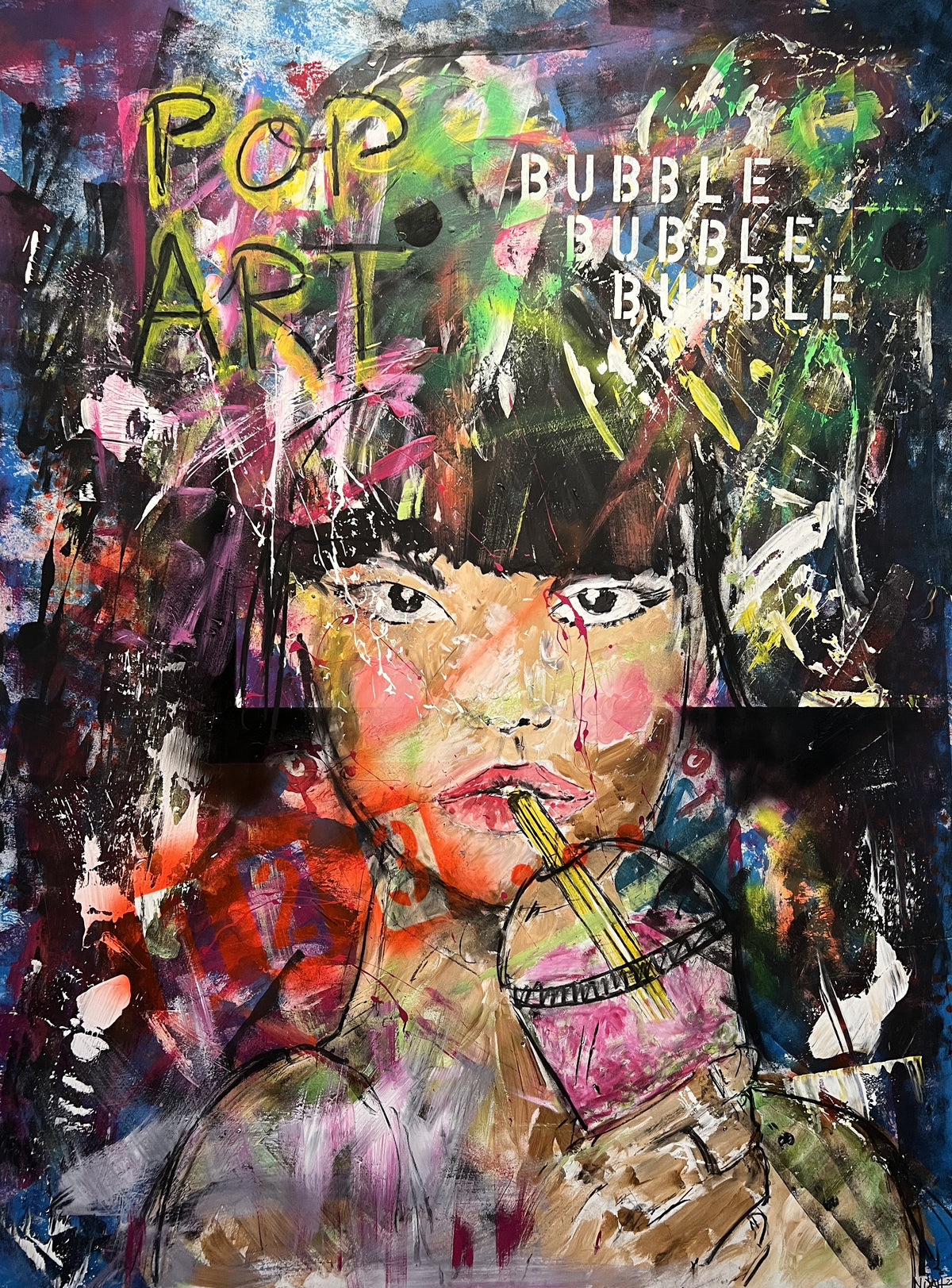 Bubble, Originalbild von Noah Kaufmann: junge Frau mit Bubble Tea im Pop-Art-Stil