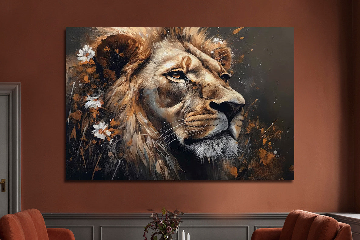 Glasbild «Löwe mit weissen Blumen» 120 × 80 cm – Ansicht 2