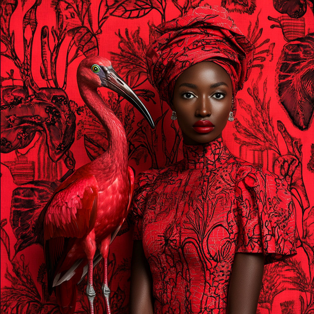 Glasbild «Frau mit rotem Ibis» 120 × 120 cm – 3D-Effekt