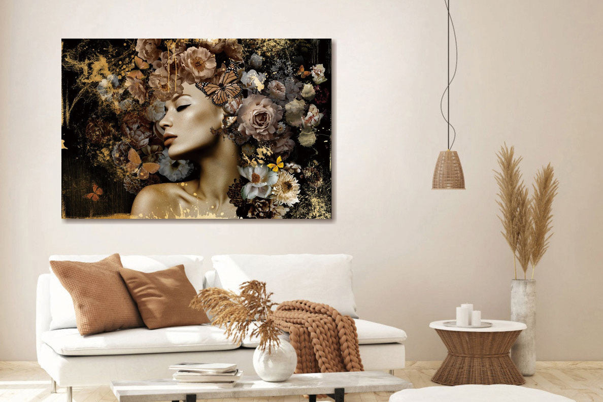 Glasbild «Frau in Gold mit Blumen» 160 × 110 cm – Ansicht 2