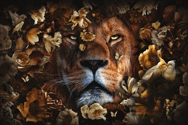 Glasbild «Löwe mit Blumen» 120 × 80 cm