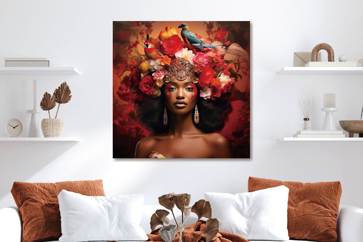 Glasbild «Frau mit rotem Blumennest» 80 × 80 cm – Ansicht 2