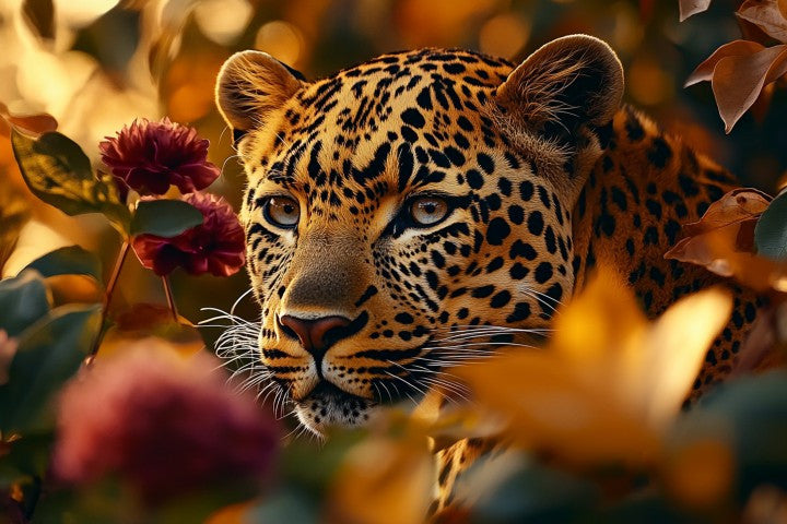 Glasbild «Panther zwischen den Blumen» 110 × 160 cm