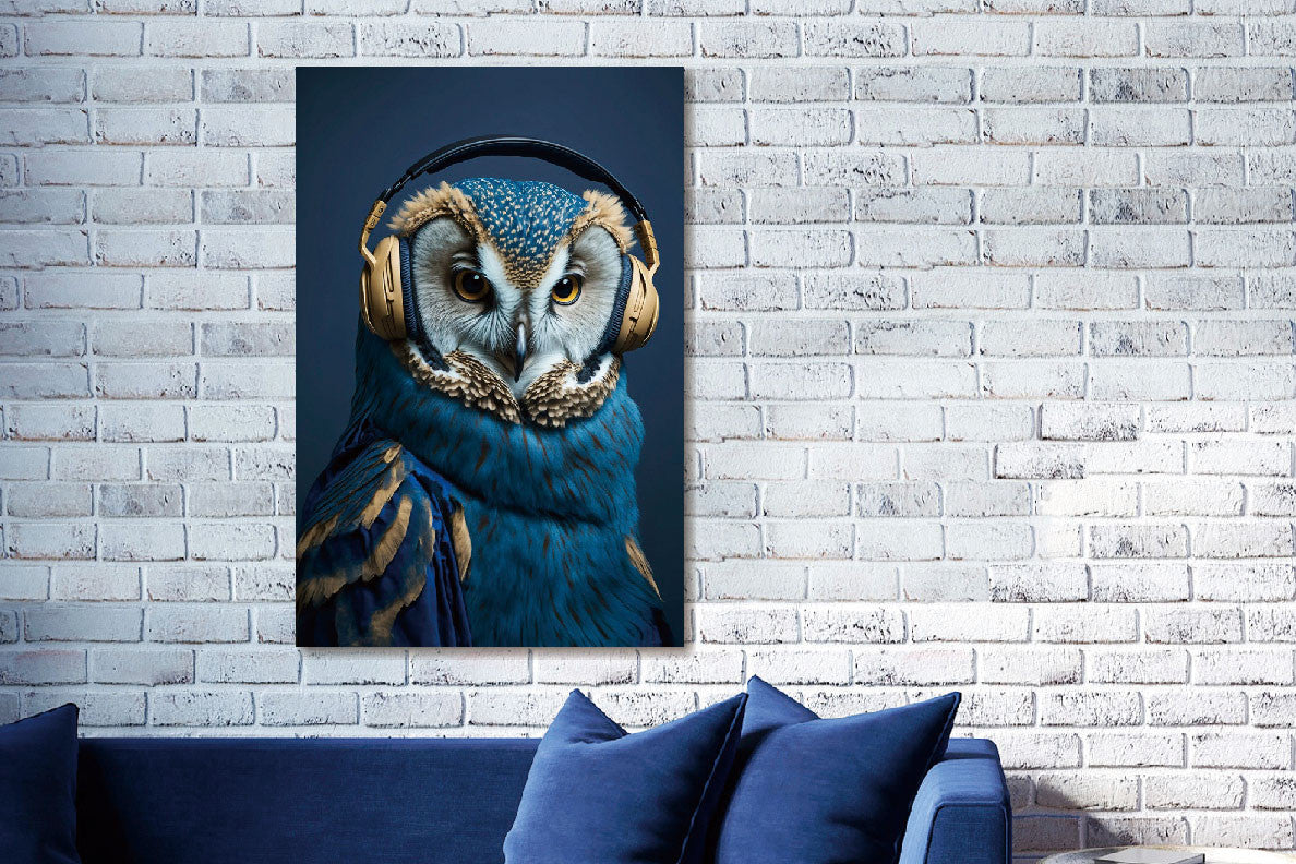 Glasbild «Blaue Eule mit Kopfhörer» 80 × 120 cm – Ansicht 2