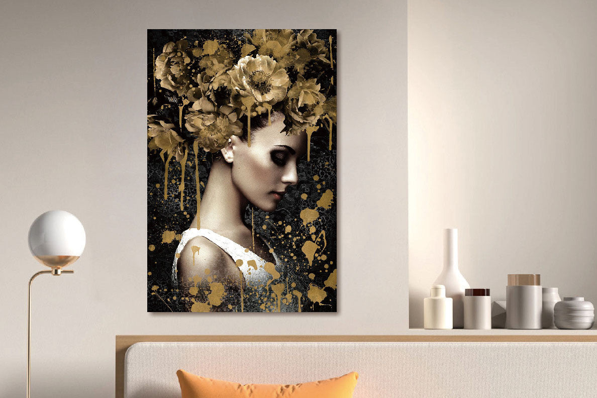 Glasbild «Frau mit goldenen Blumen» 80 × 120 cm – Ansicht 2