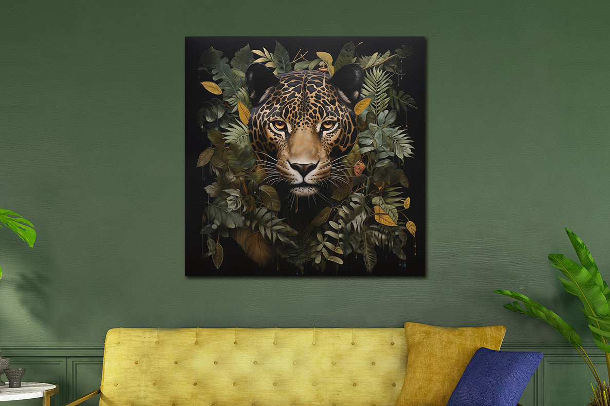 Glasbild 80x80cm Panther inmitten von Pflanzen
