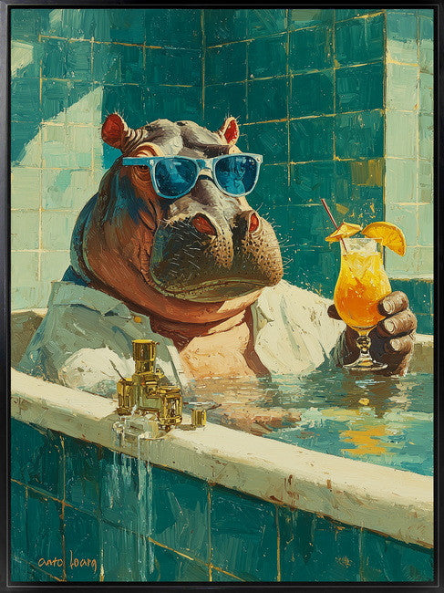 Leinwandbild «Flusspferd in der Badewanne» mit Rahmen 45 × 60 cm