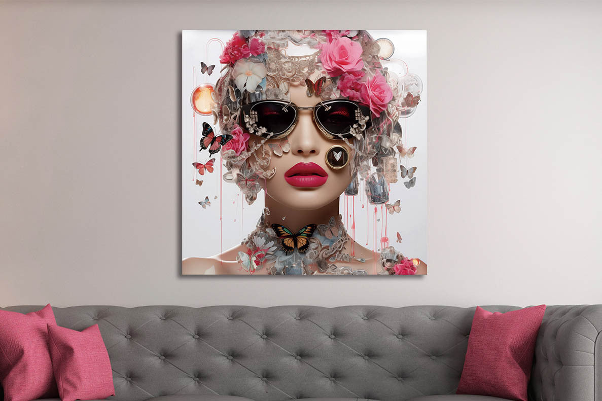 Glasbild «Frau mit rosa Blumen und Schmetterlingen» 80 × 80 cm – Ansicht 2