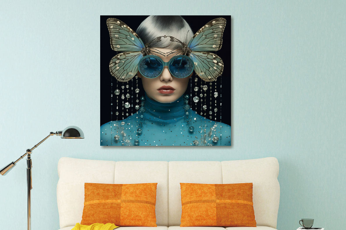 Glasbild «Frau mit blauen Schmetterlingen und Brille» 80 × 80 cm – Ansicht 2