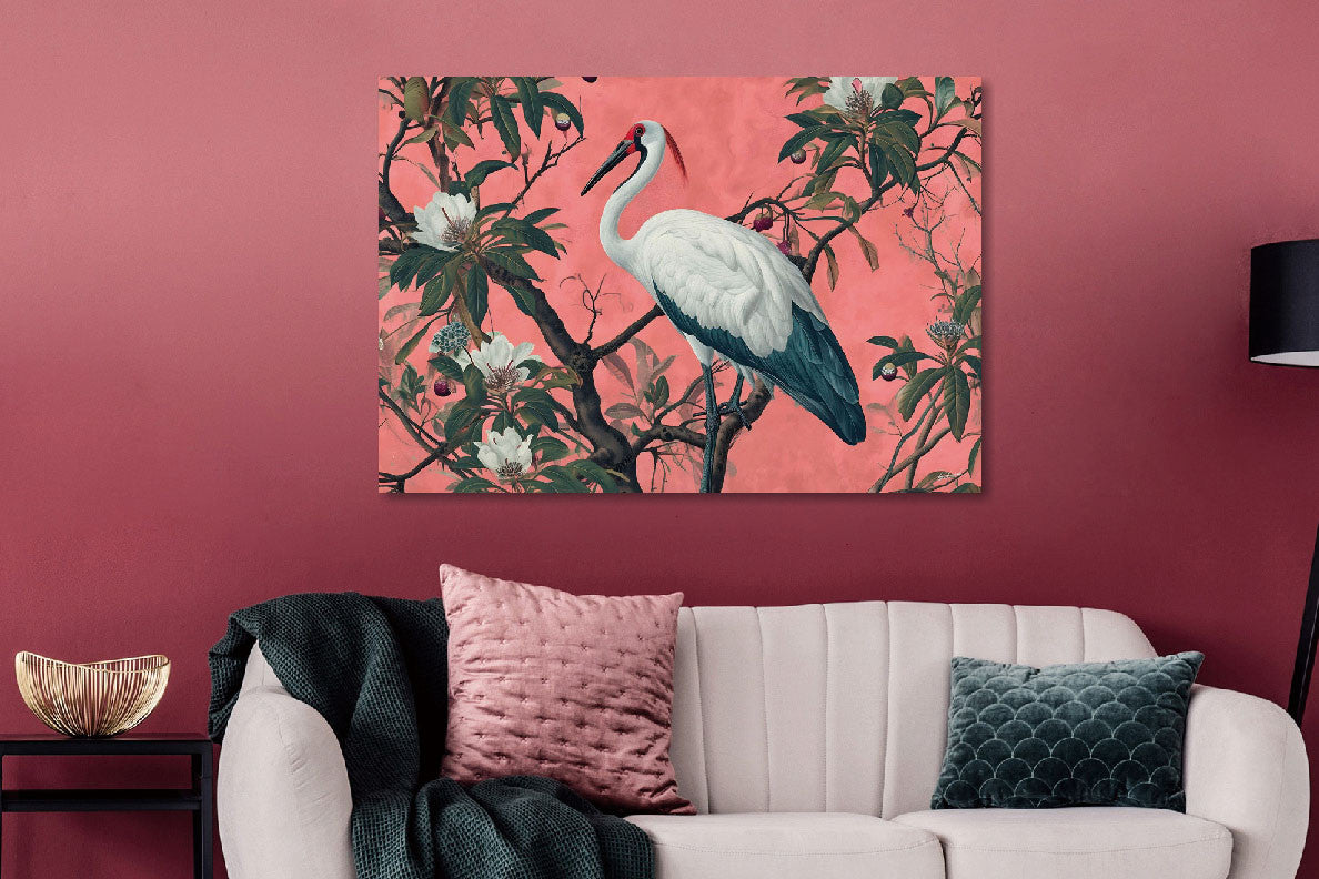Glasbild 160x110cm Reiher mit rosa Hintergrund