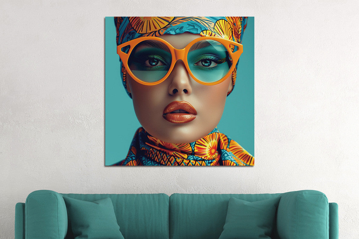 Glasbild 80x80cm Frau mit blauer Brille