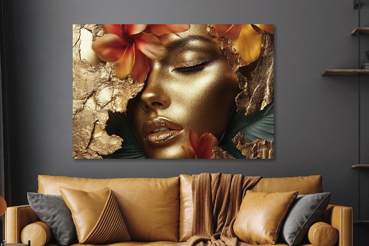 Glasbild «Goldene Frau in Szenerie» 160 × 110 cm – Ansicht 2