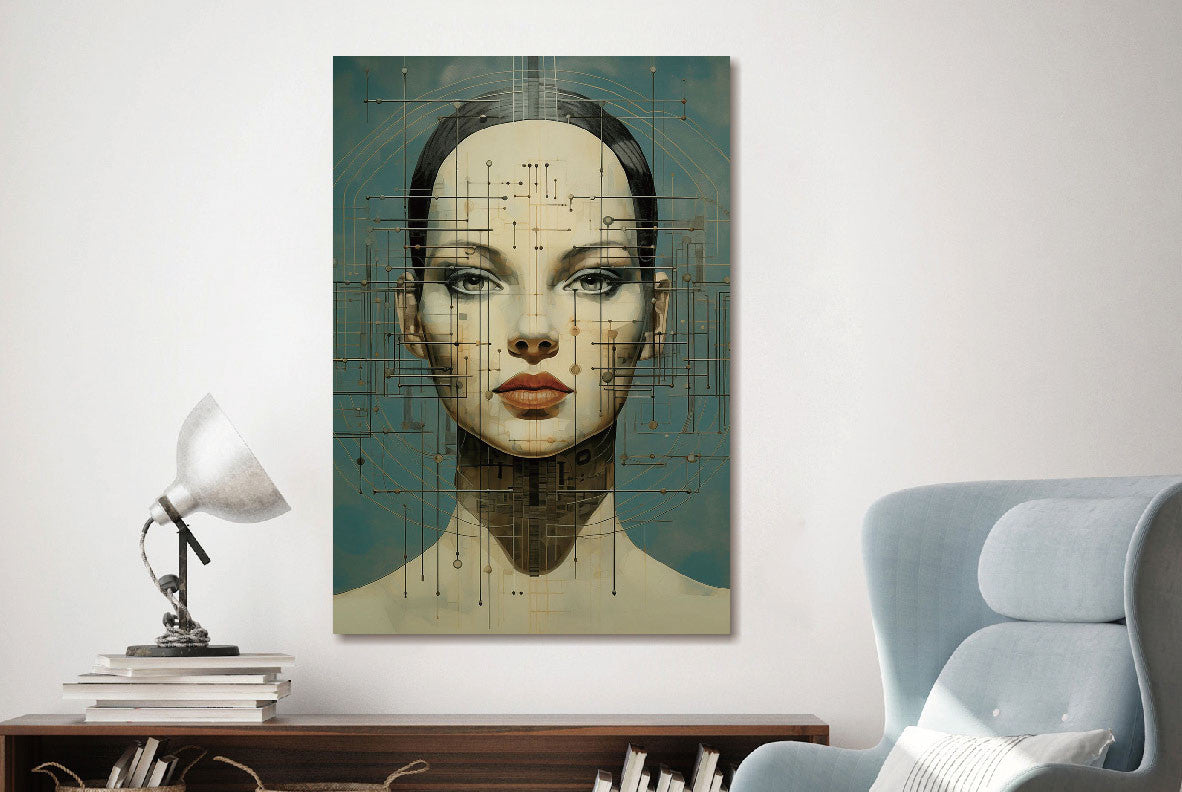 Glasbild «Gezeichnete Frau mit Streifen» 110 × 160 cm – 3D-Relief – Ansicht 2