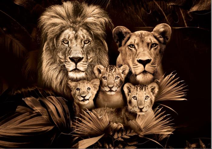 Glasbild «Löwenfamilie mit drei Löwenjungen» 160 × 110 cm