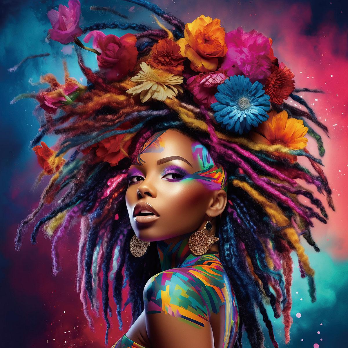 Glasschilderij 80x80cm Vrouw met gekleurd haar