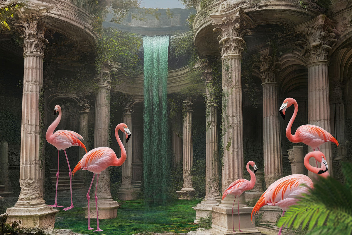 Glasbild «Flamingos in Ruinen» 120 × 80 cm