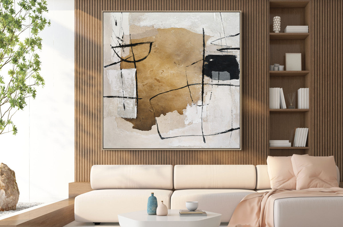 Ölgemälde «Gold mit Linien» 150 × 150 cm mit Rahmen, handgemalt