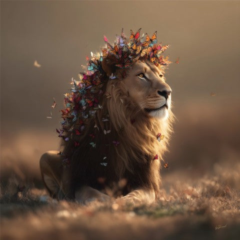Glasbild «Löwe mit Schmetterlingen (links)» 80 × 80 cm