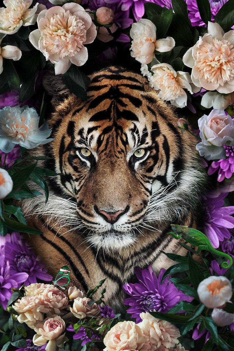 Glasbild 80x120cm Tiger mit Blumen