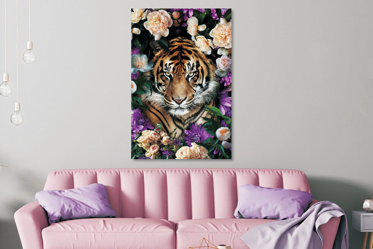 Glasbild «Tiger mit Blumen» 80 × 120 cm – Ansicht 2
